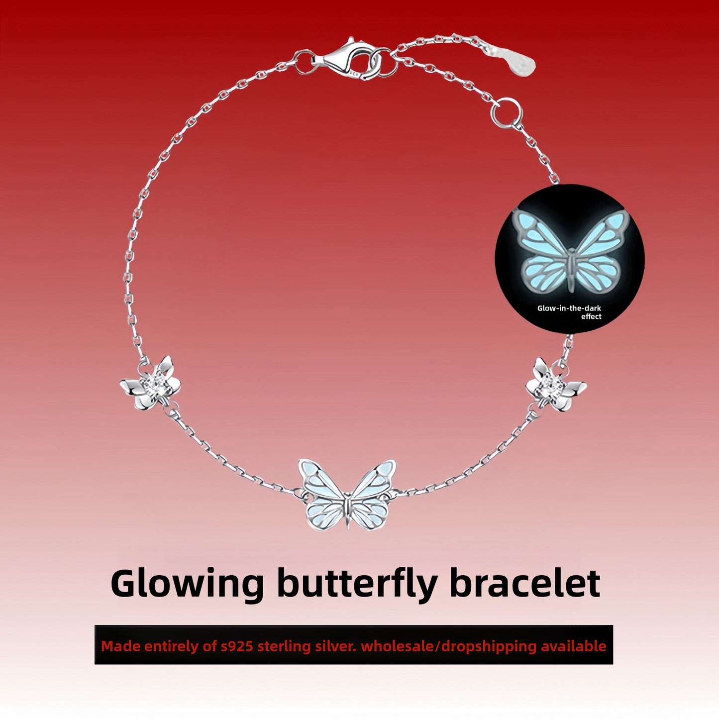 Pure silver luminous butterfly jewelry piece